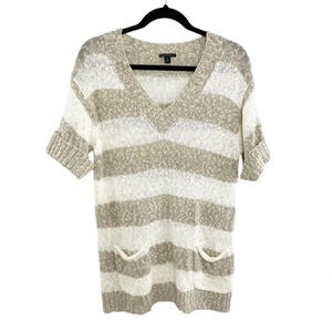 Lafayette 148 White & Tan Striped Open Knit Short Sleeve Sweater Linen + Cotton